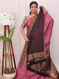 Jute Banarasi Silk Saree - Onion Pink with Brown