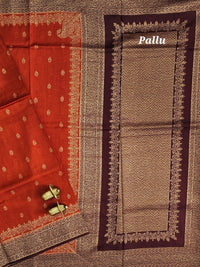 Jute Banarasi Silk Saree - Rust Orange with Brown