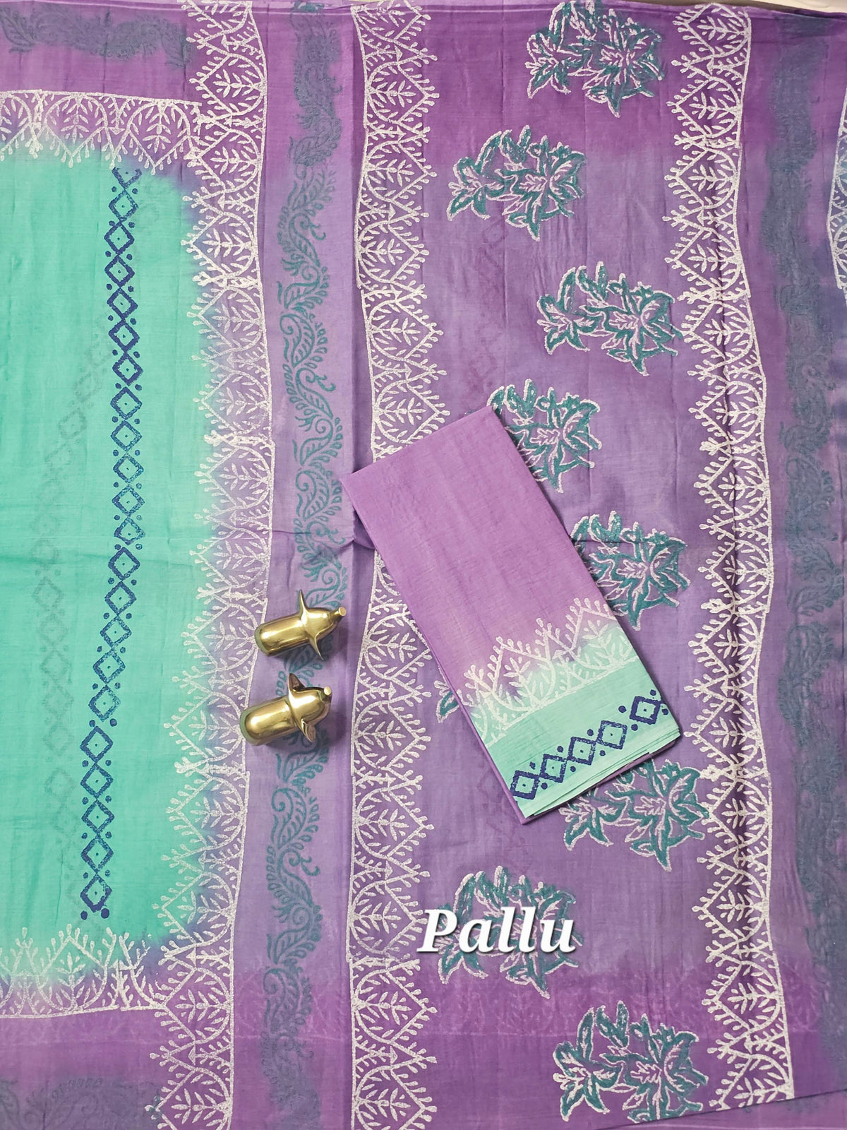 Pure Cotton with Hand Block Prints - Sea Green with Purple