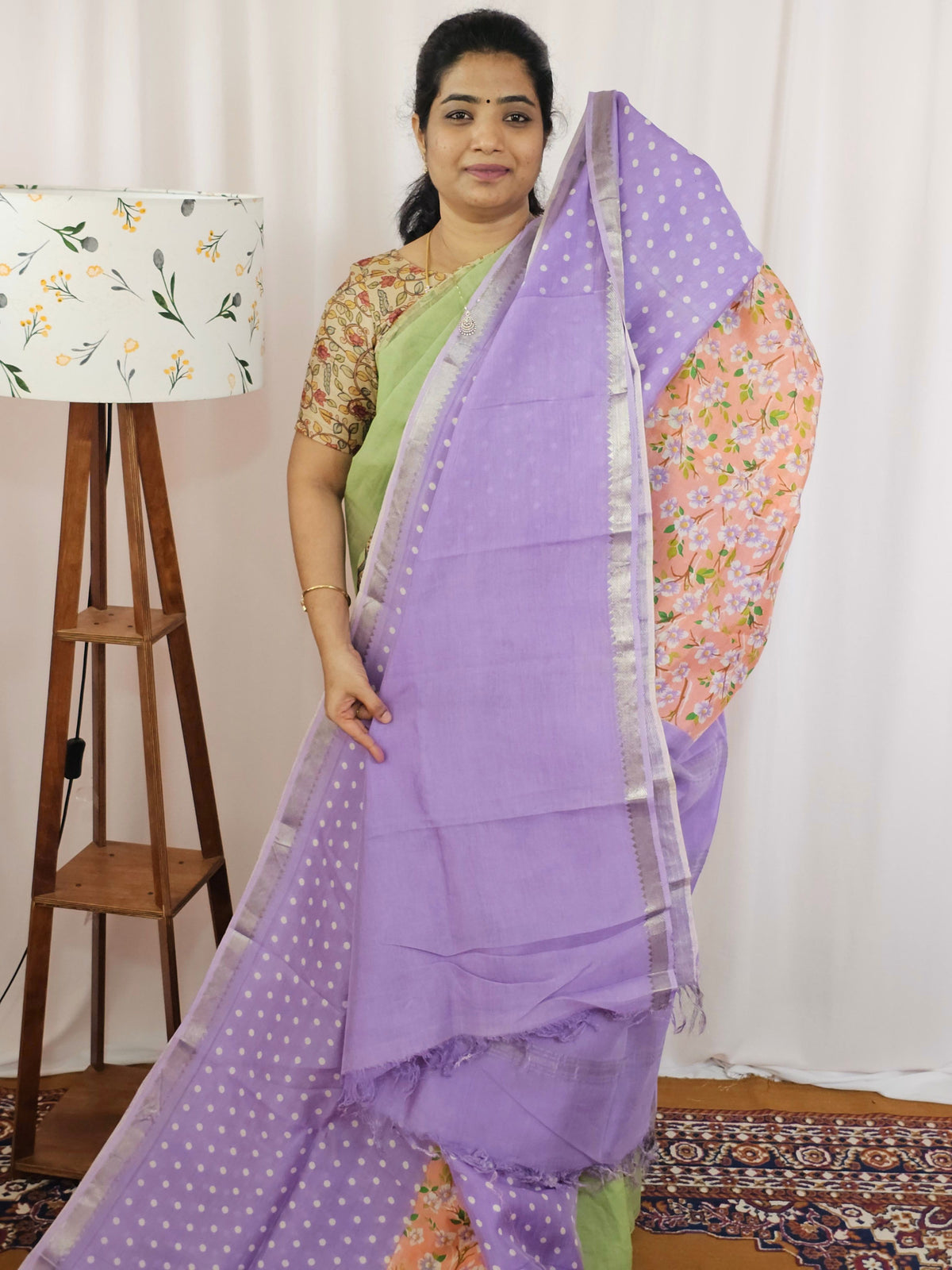 Handwoven Mangalagiri Pattu Saree with Digital Prints  - Peach with Lavender