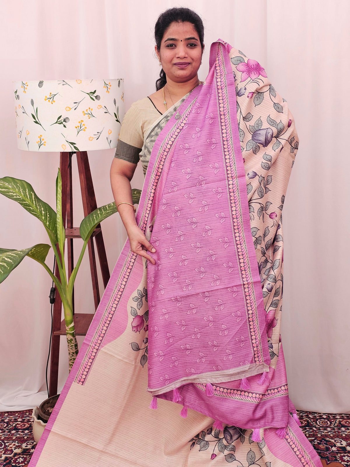 Green Silk with Digital Prints - Pink