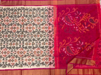 Cream with Pink Pochampally Ikkat Silk Cotton (SICO Pattu)