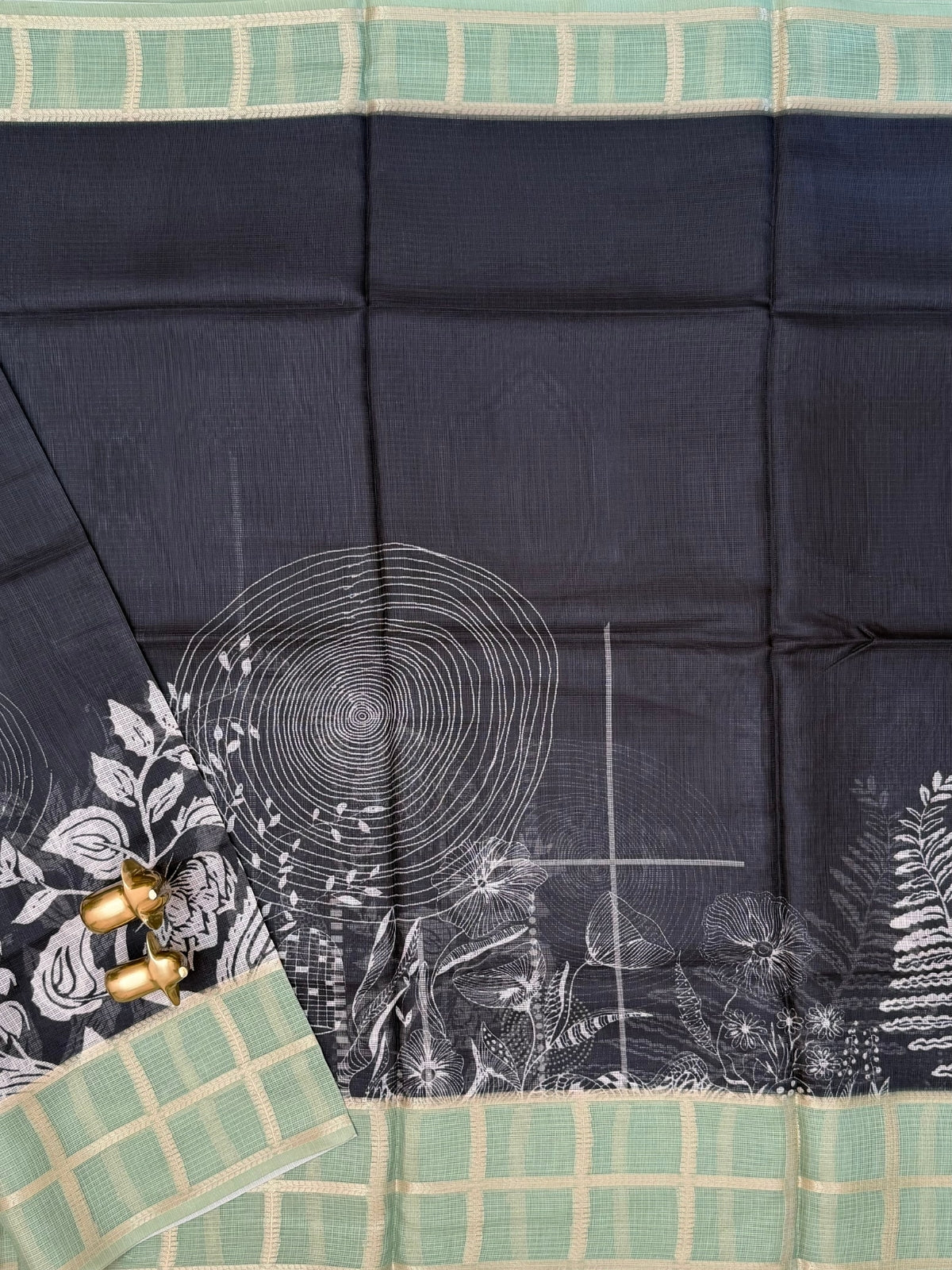 Premium Soft Semi Tussar Kota Weaving with Digital Prints - Black with Green
