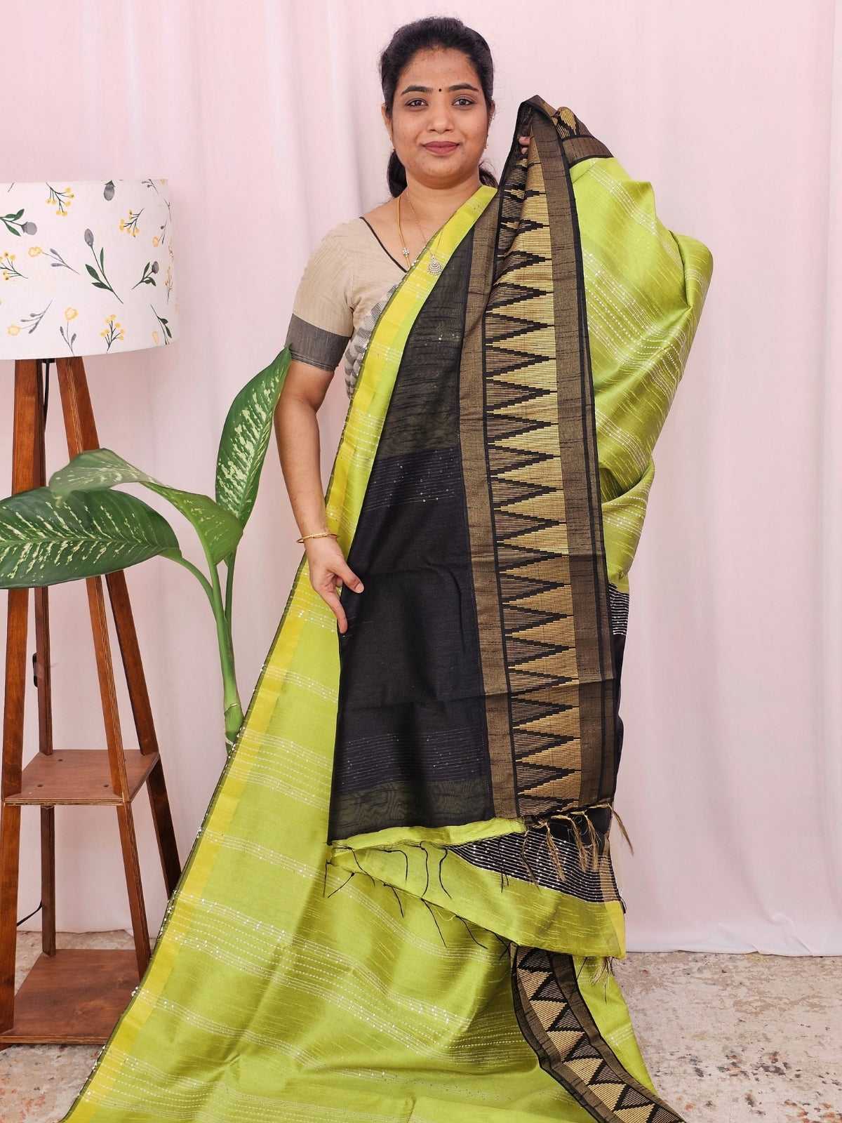 Semi Raw Silk Saree - Lime Green with Black