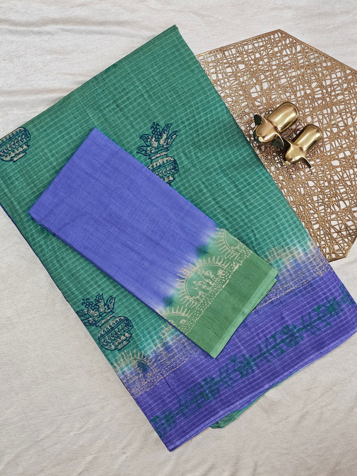 Pure Cotton with Checks Hand Block Prints - Sea Green with Violet