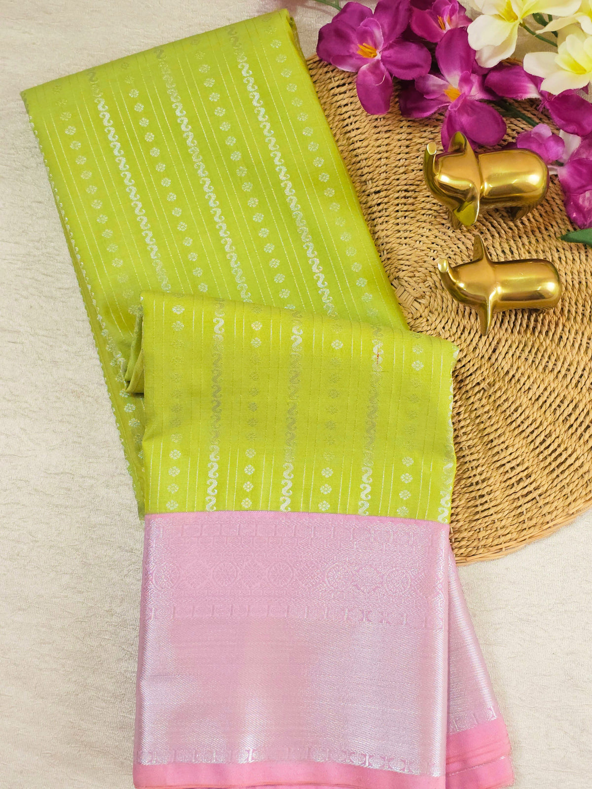Semi Kanjivaram Soft Silk Borcade Saree - Lime Green with Pink