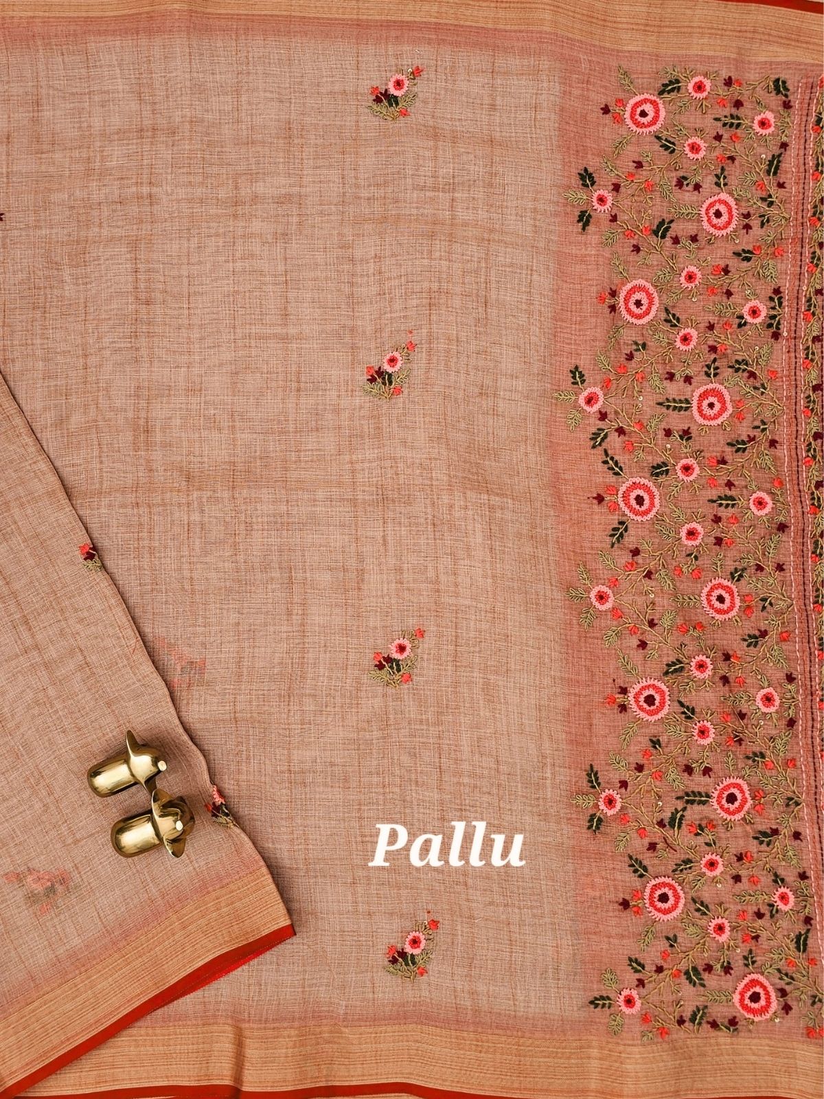 Linen Tissue with Embroidery  Work - Rust Orange