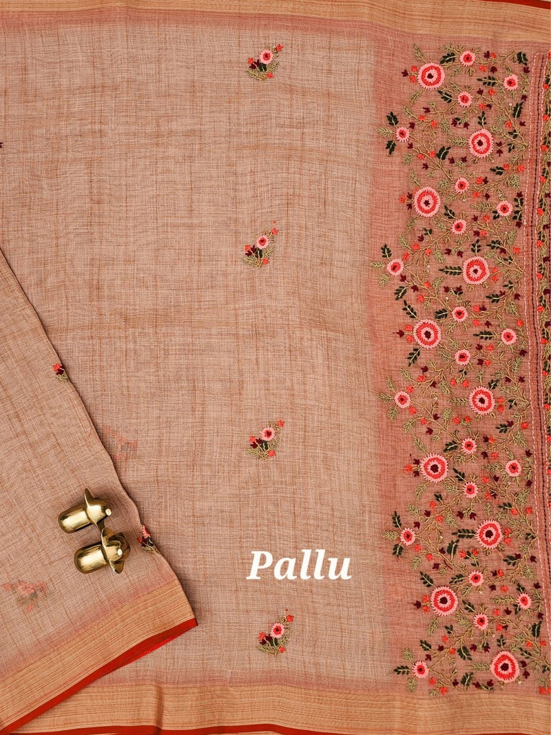Linen Tissue with Embroidery  Work - Rust Orange