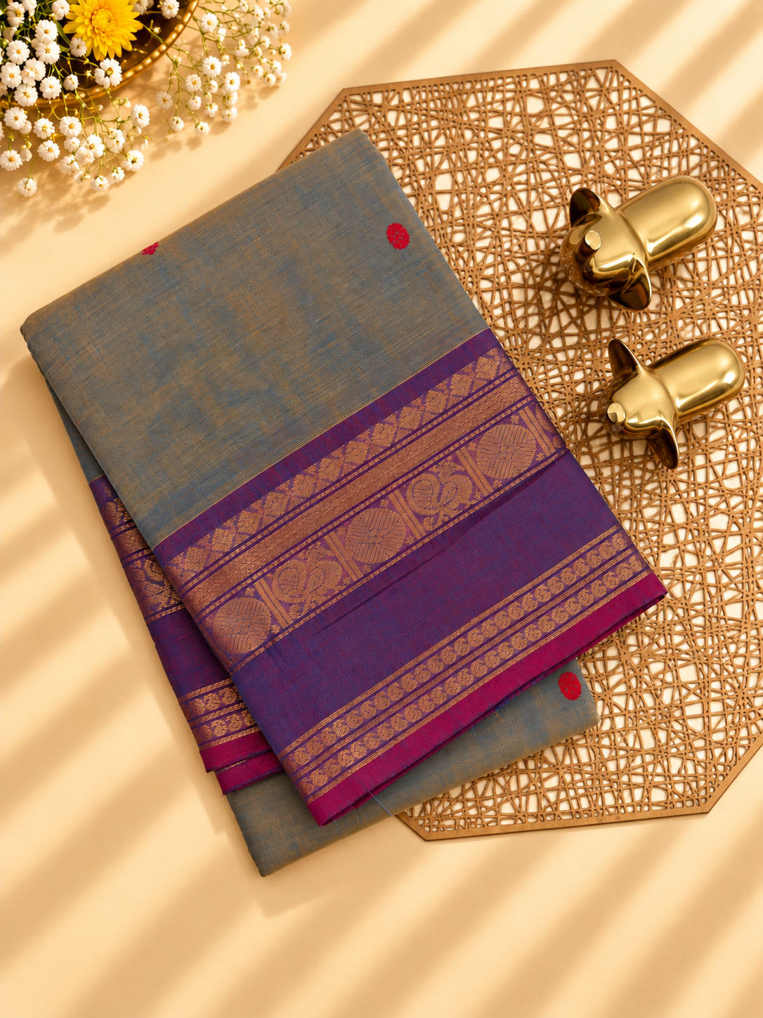 Chettinad Cotton Sarees - Dual Shade of Purple with Yellow