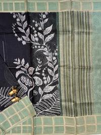 Premium Soft Semi Tussar Kota Weaving with Digital Prints - Black with Green