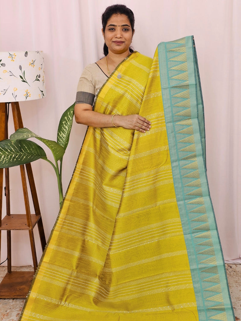 Semi Raw Silk Saree - Yellow with Sea Green