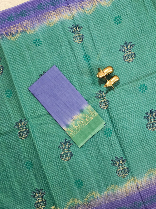 Pure Cotton with Checks Hand Block Prints - Sea Green with Violet