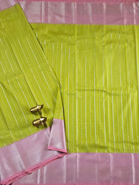 Semi Kanjivaram Soft Silk Borcade Saree - Lime Green with Pink