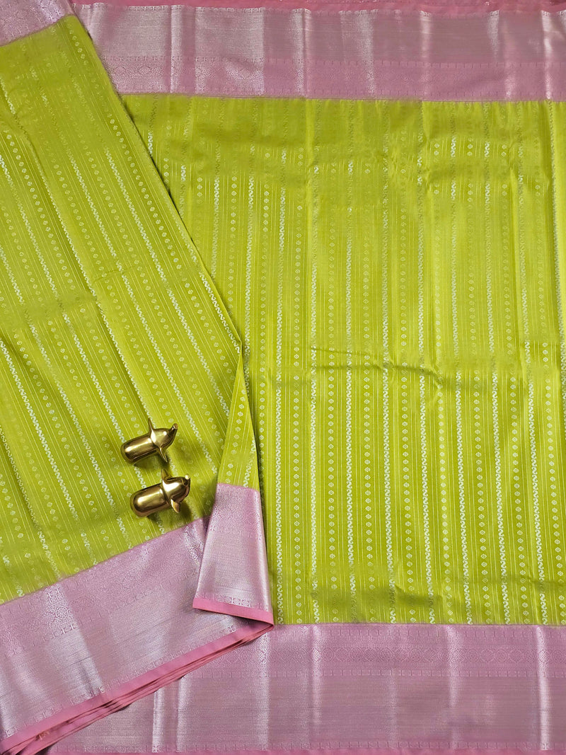 Semi Kanjivaram Soft Silk Borcade Saree - Lime Green with Pink