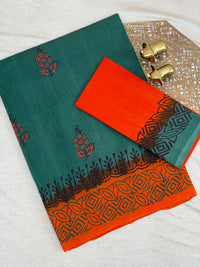 Pure Cotton with Hand Block Prints - Dark Green with Orange
