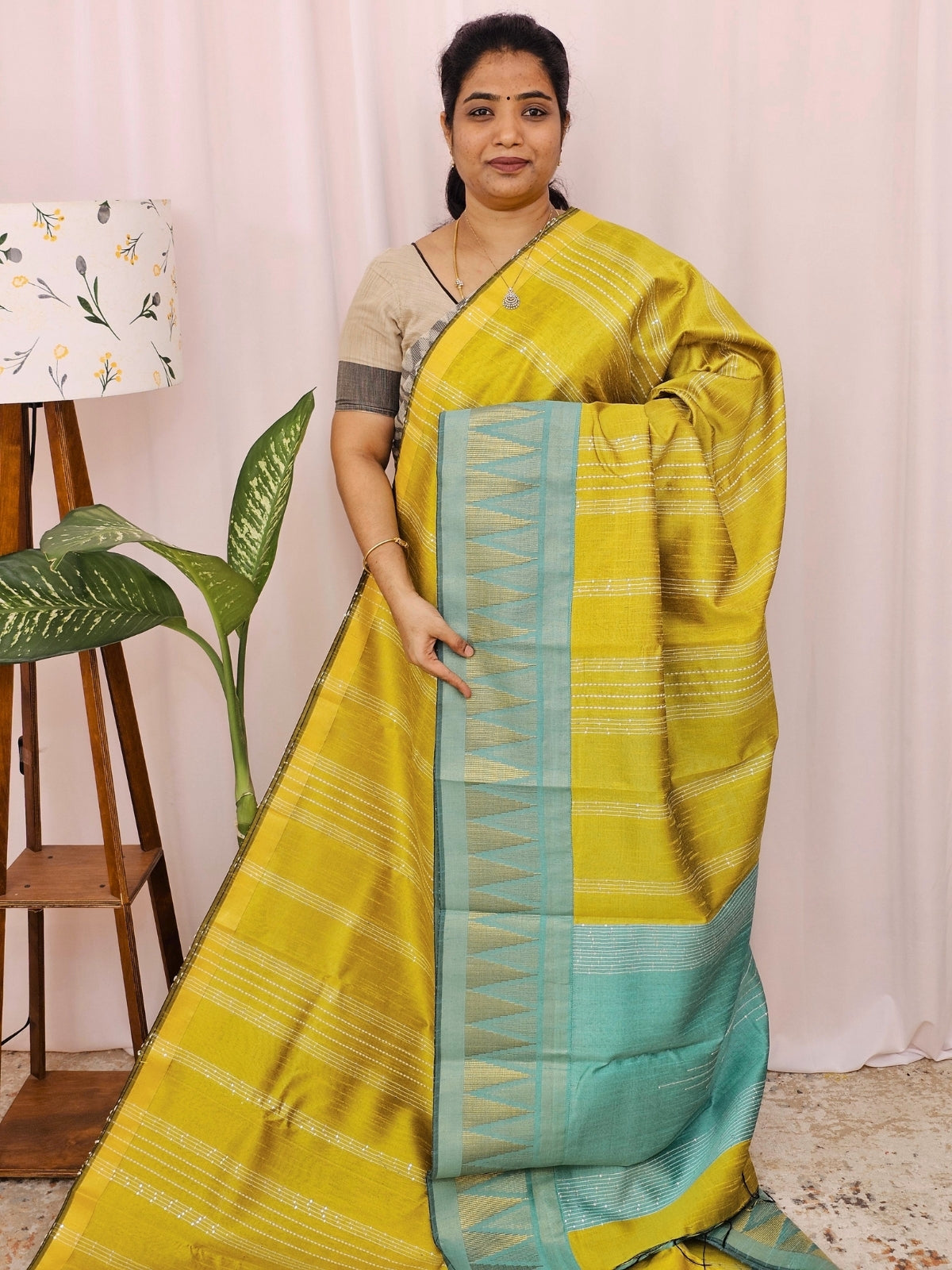 Semi Raw Silk Saree - Yellow with Sea Green