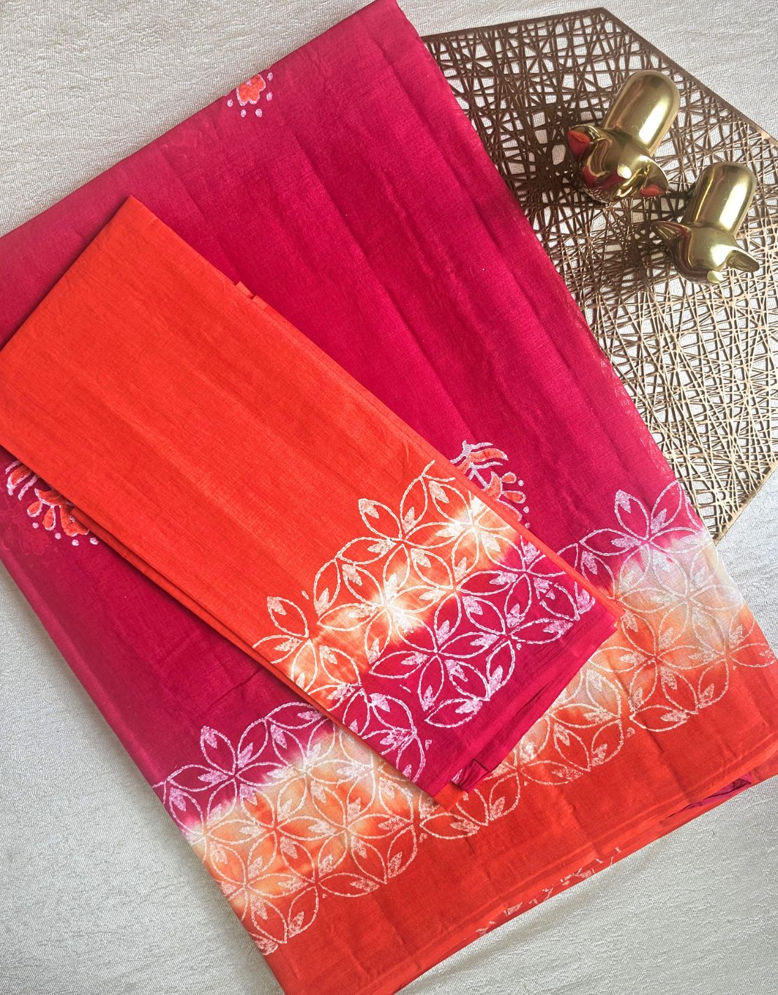 Pure Cotton with Hand Block Prints - Red with Orange