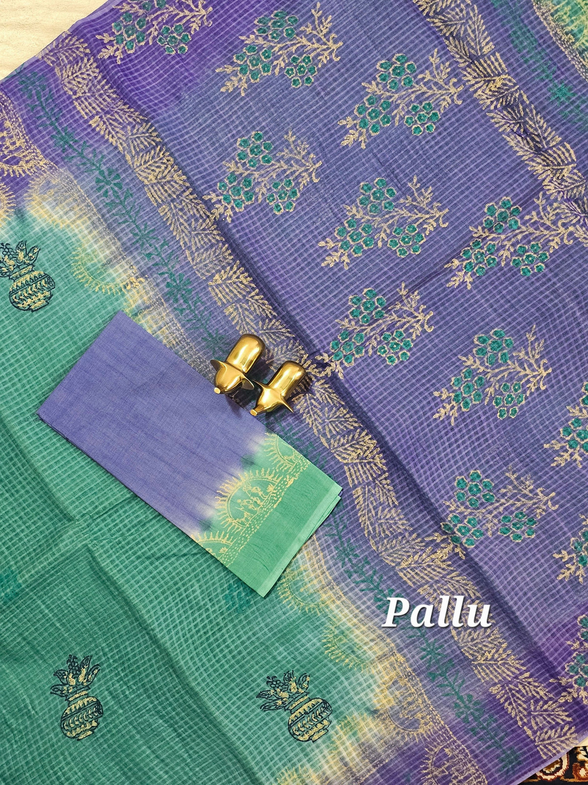 Pure Cotton with Checks Hand Block Prints - Sea Green with Violet
