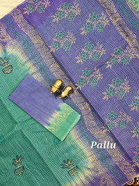 Pure Cotton with Checks Hand Block Prints - Sea Green with Violet