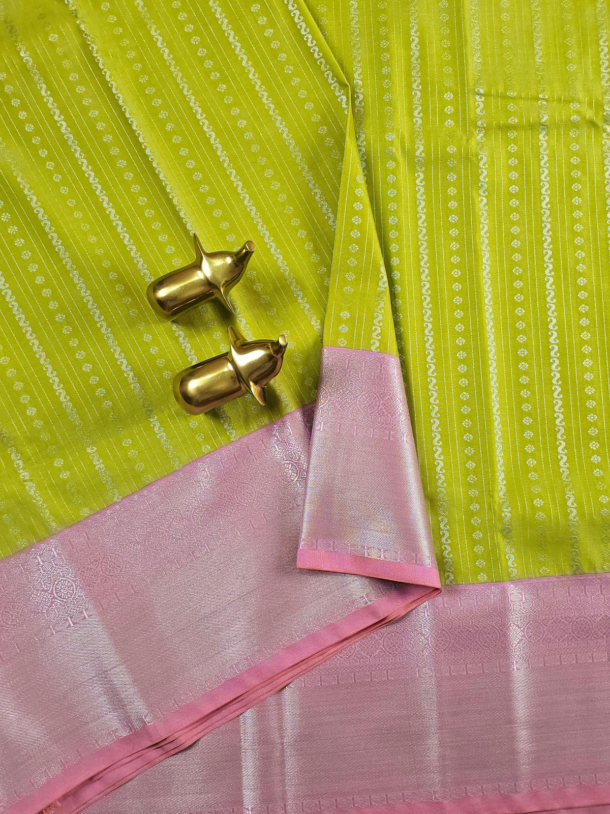 Semi Kanjivaram Soft Silk Borcade Saree - Lime Green with Pink