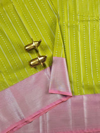 Semi Kanjivaram Soft Silk Borcade Saree - Lime Green with Pink
