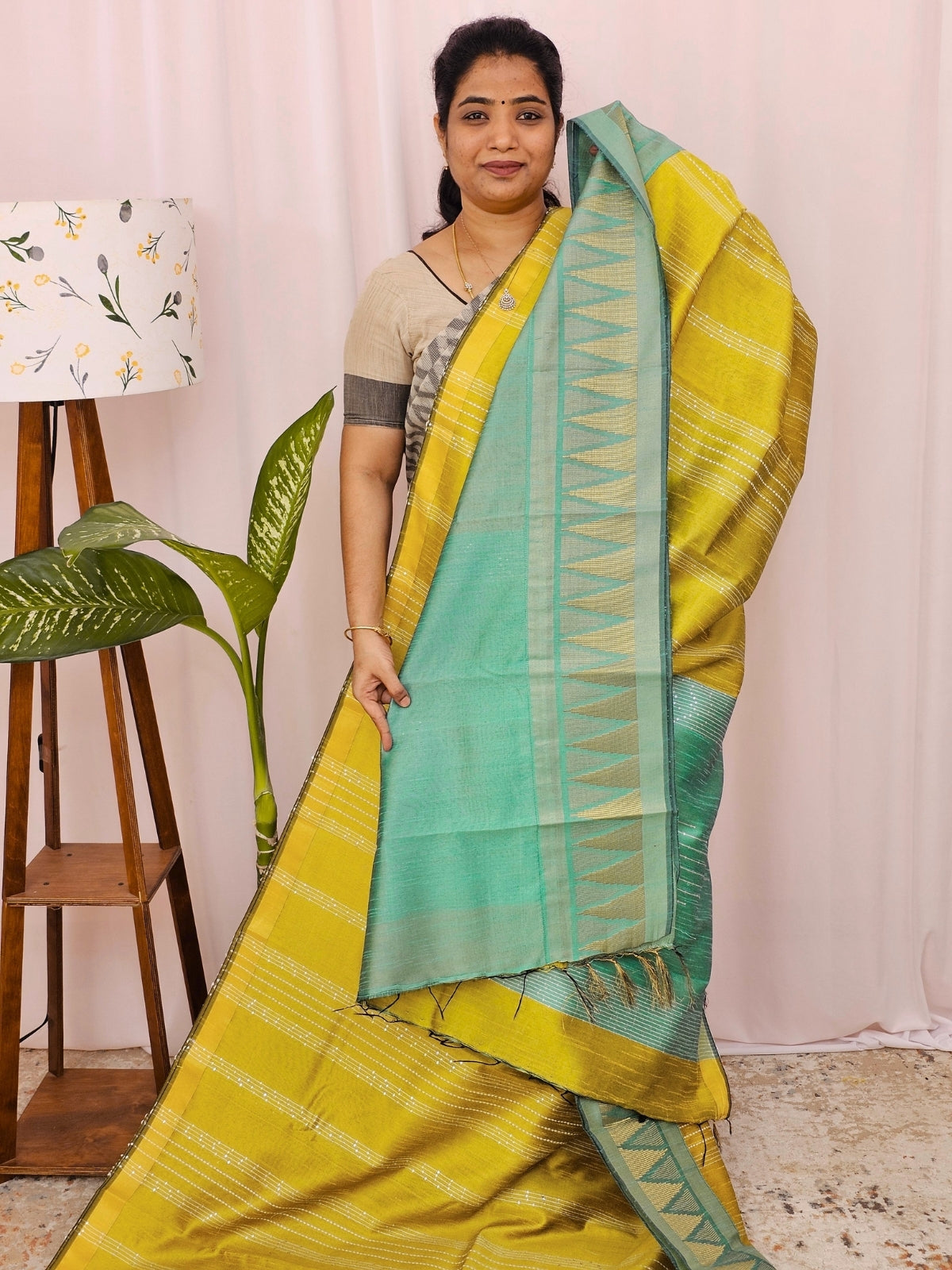 Semi Raw Silk Saree - Yellow with Sea Green