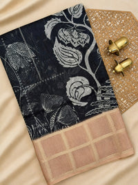 Premium Soft Semi Tussar Kota Weaving with Digital Prints - Black with Brown