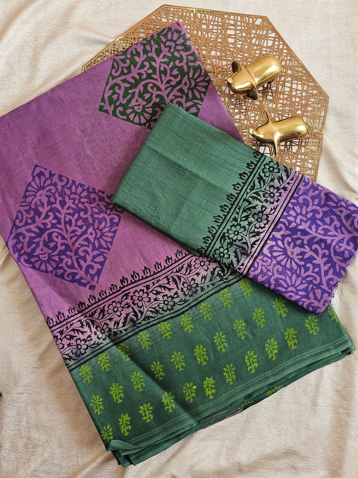Pure Cotton with Hand Block Prints - Purple with Green