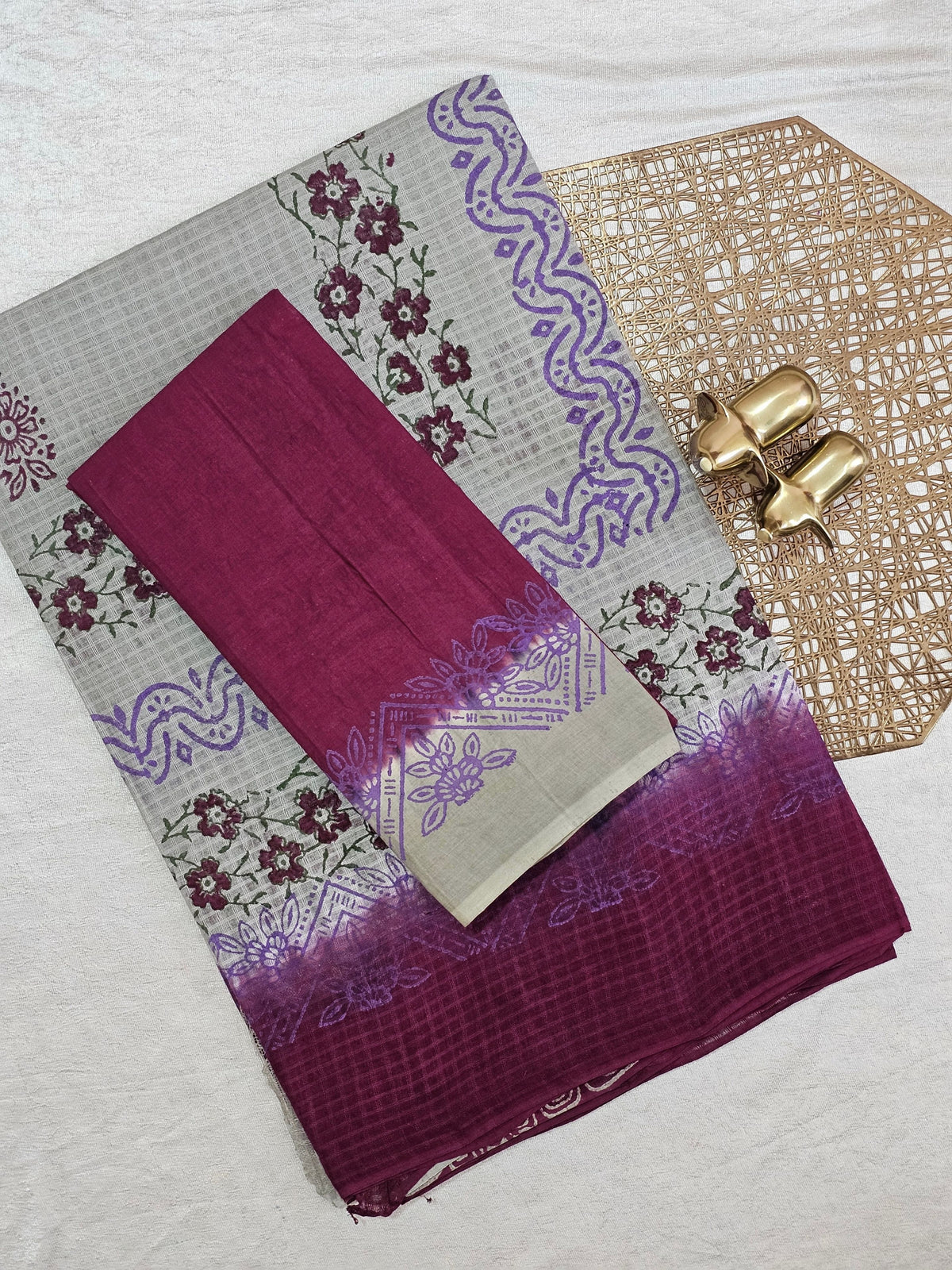 Pure Cotton with Checks Hand Block Prints - Grey with Maroon