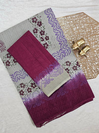 Pure Cotton with Checks Hand Block Prints - Grey with Maroon