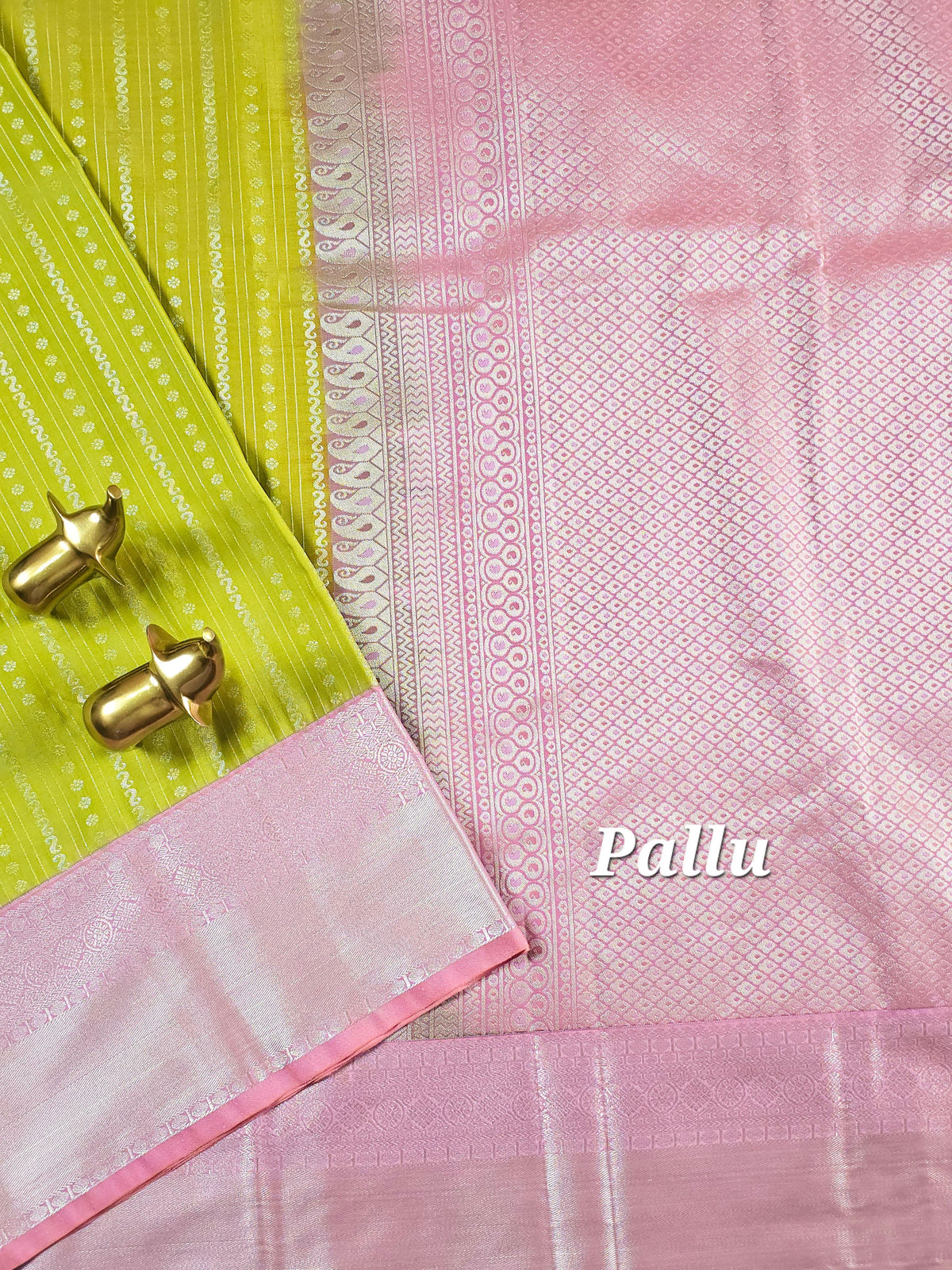Semi Kanjivaram Soft Silk Borcade Saree - Lime Green with Pink