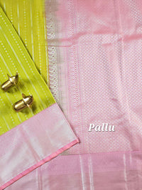 Semi Kanjivaram Soft Silk Borcade Saree - Lime Green with Pink