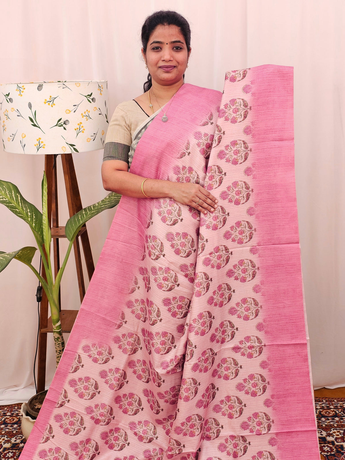 Green Silk with Digital Prints - Lite Pink to Dark Pink