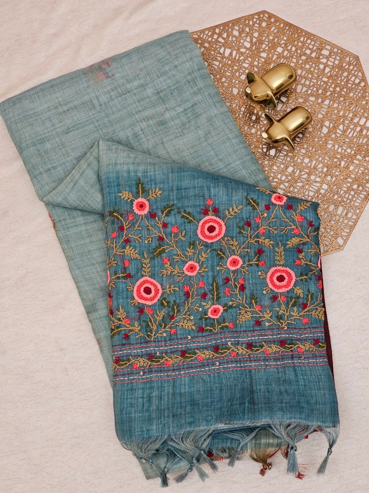 Linen Tissue with Embroidery  Work - Blue