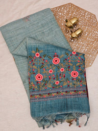 Linen Tissue with Embroidery  Work - Blue