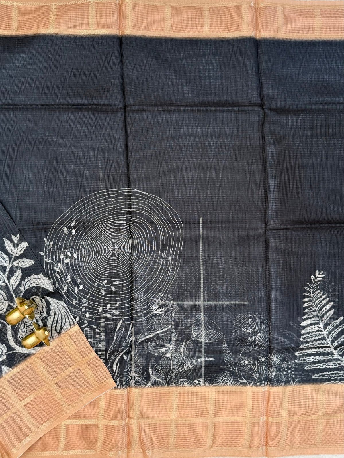 Premium Soft Semi Tussar Kota Weaving with Digital Prints - Black with Brown