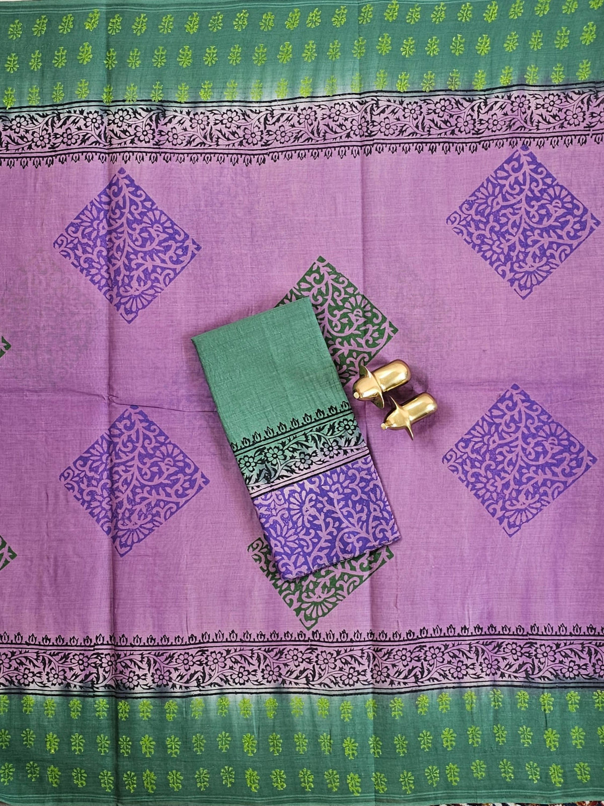 Pure Cotton with Hand Block Prints - Purple with Green