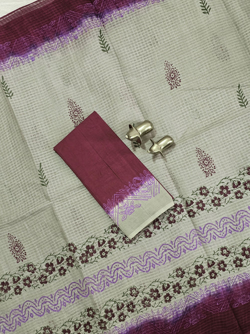 Pure Cotton with Checks Hand Block Prints - Grey with Maroon