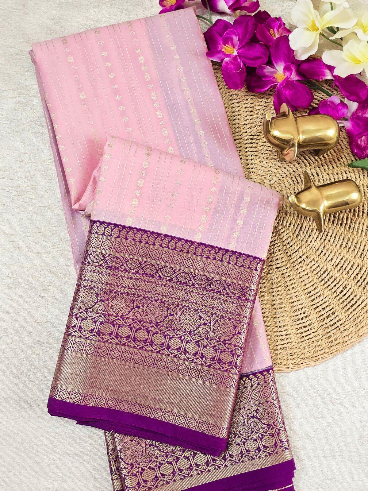 Semi Kanjivaram Soft Silk Borcade Saree - Pink with Magenta Pink