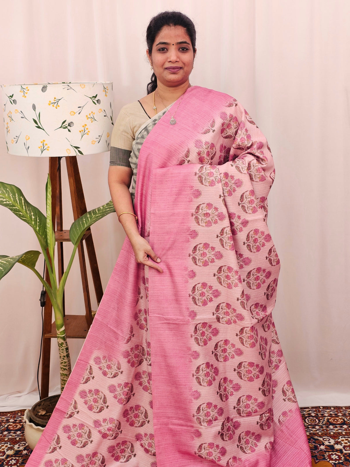 Green Silk with Digital Prints - Lite Pink to Dark Pink