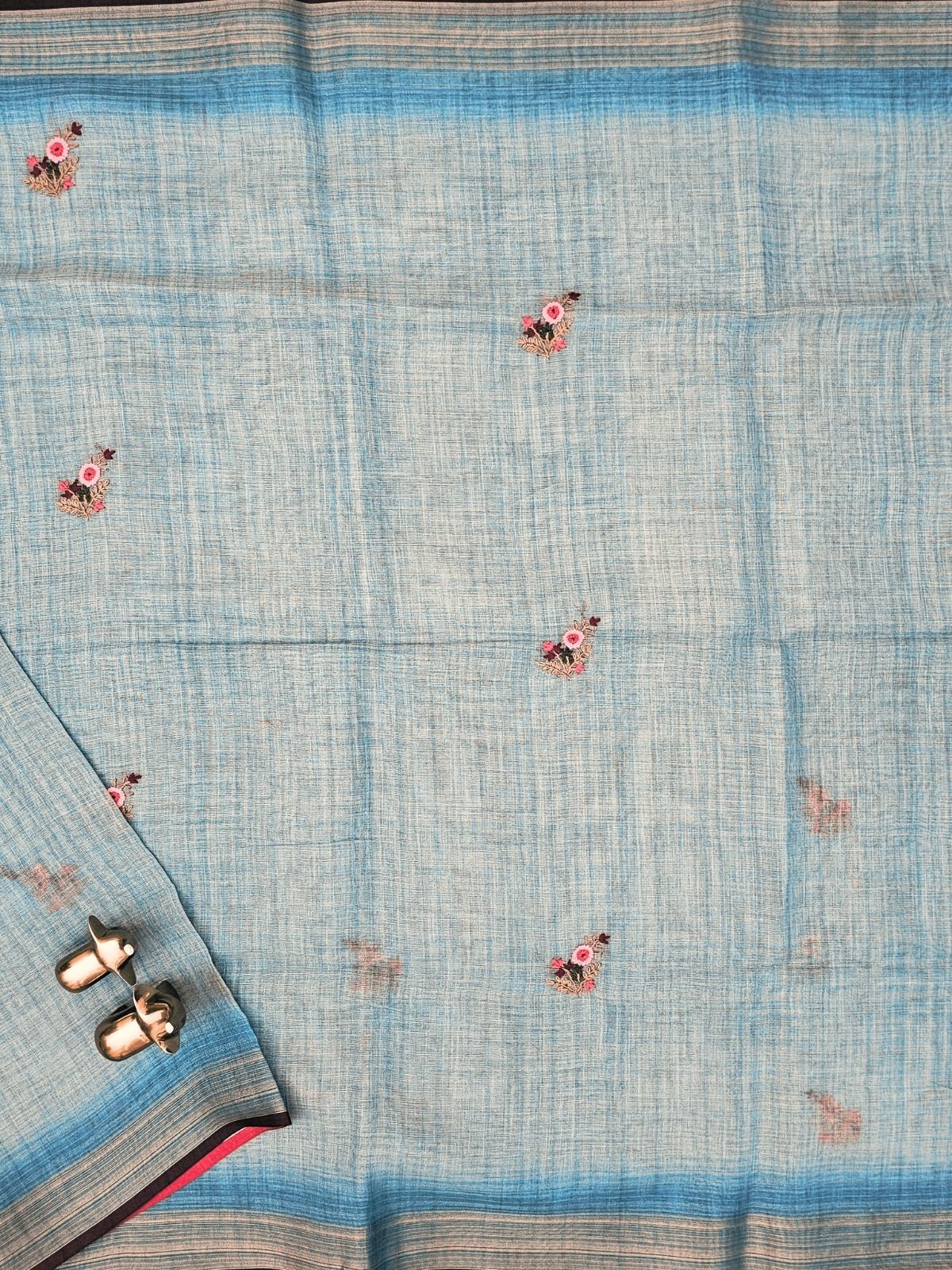 Linen Tissue with Embroidery  Work - Blue