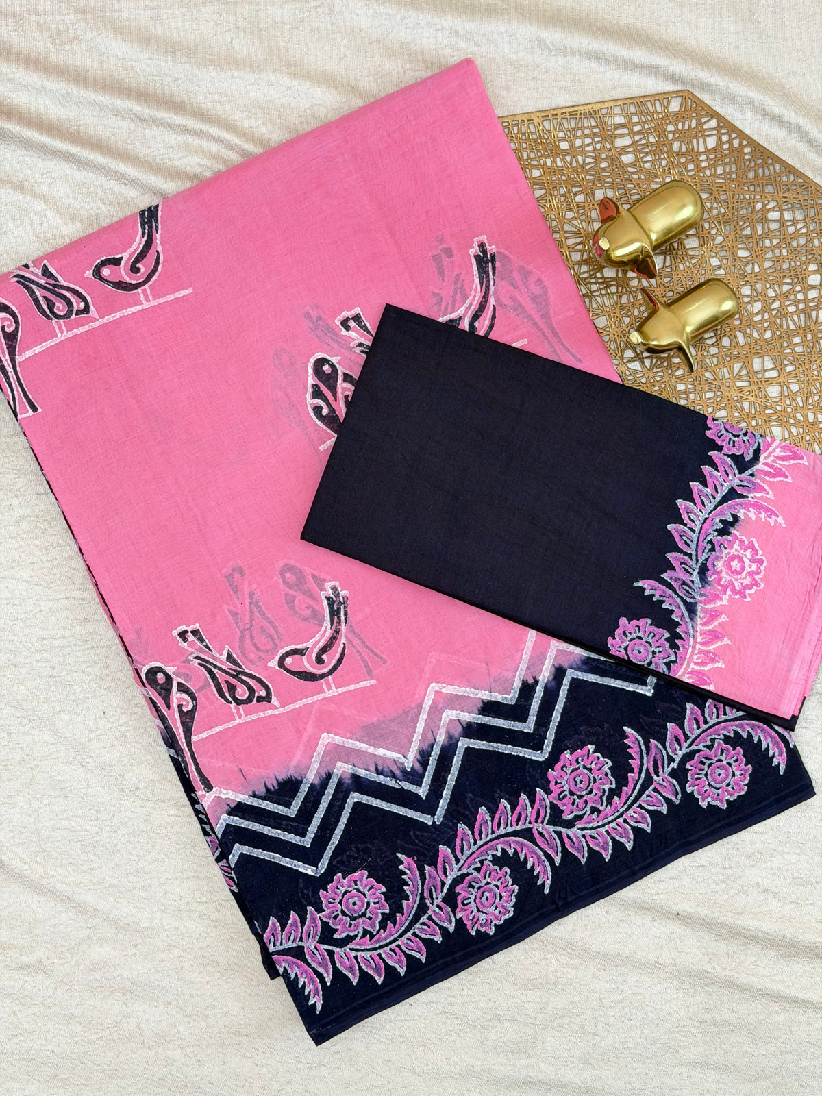 Pure Cotton with Hand Block Prints - Pink with Blue