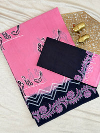 Pure Cotton with Hand Block Prints - Pink with Blue