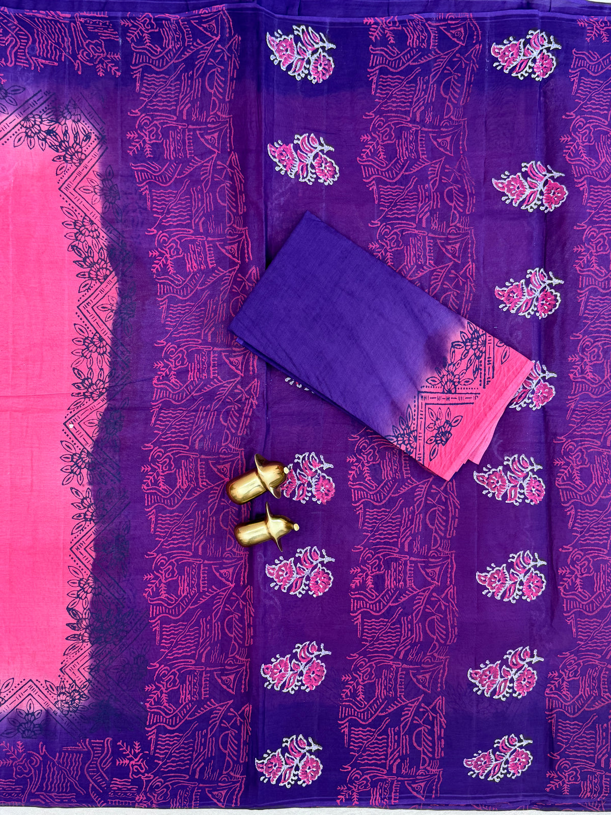 Pure Cotton with Hand Block Prints - Pink with Purple