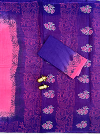 Pure Cotton with Hand Block Prints - Pink with Purple