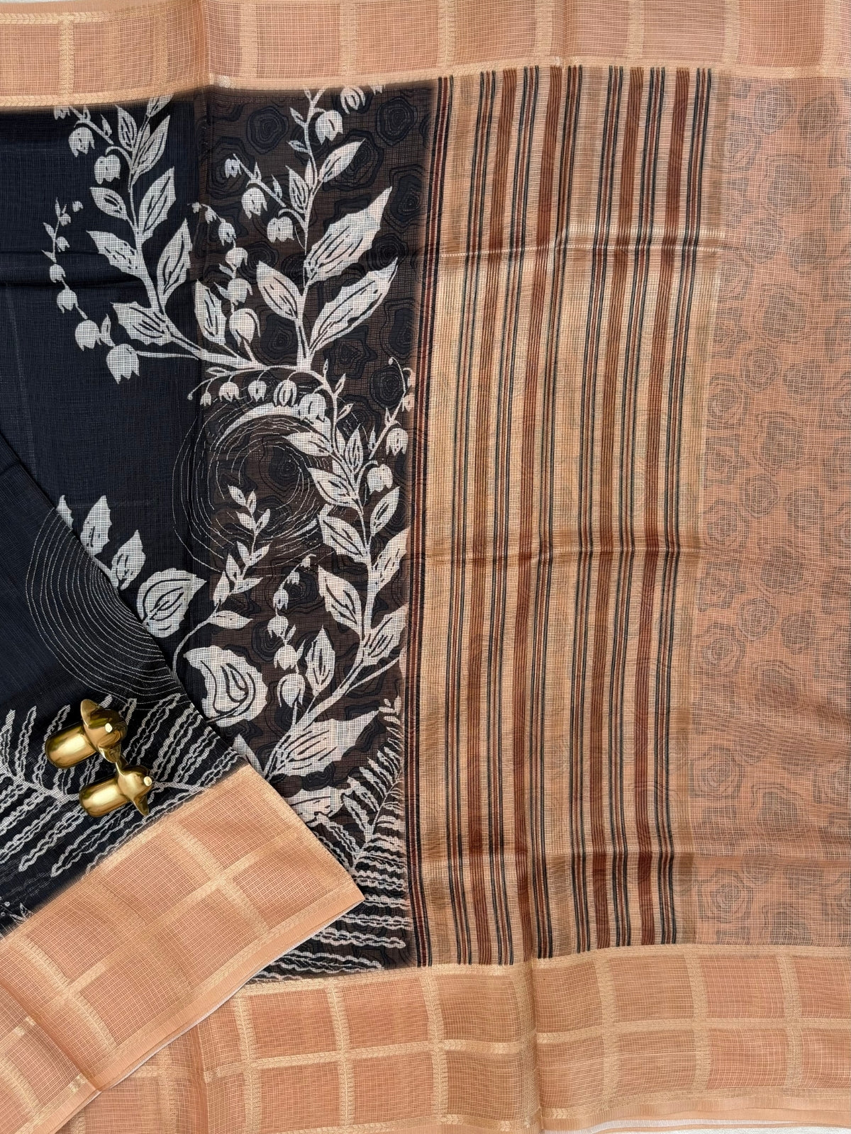 Premium Soft Semi Tussar Kota Weaving with Digital Prints - Black with Brown
