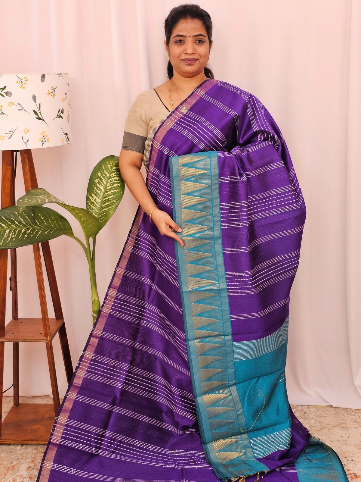 Semi Raw Silk Saree -  Purple with Blue