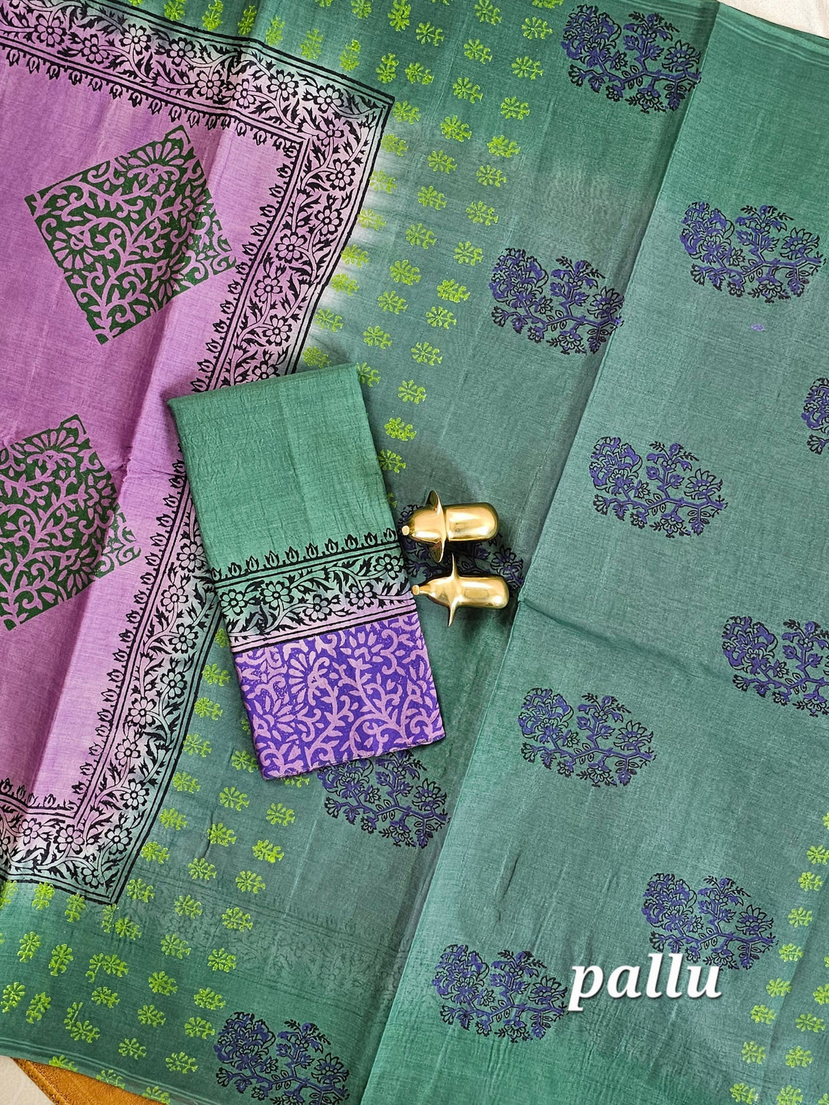 Pure Cotton with Hand Block Prints - Purple with Green