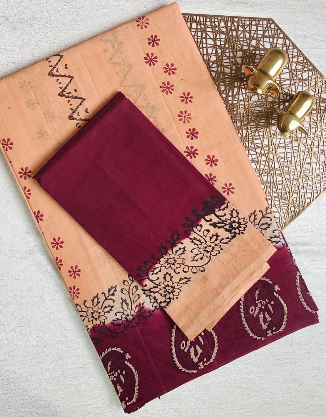 Pure Cotton with Hand Block Prints - Beige with Maroon