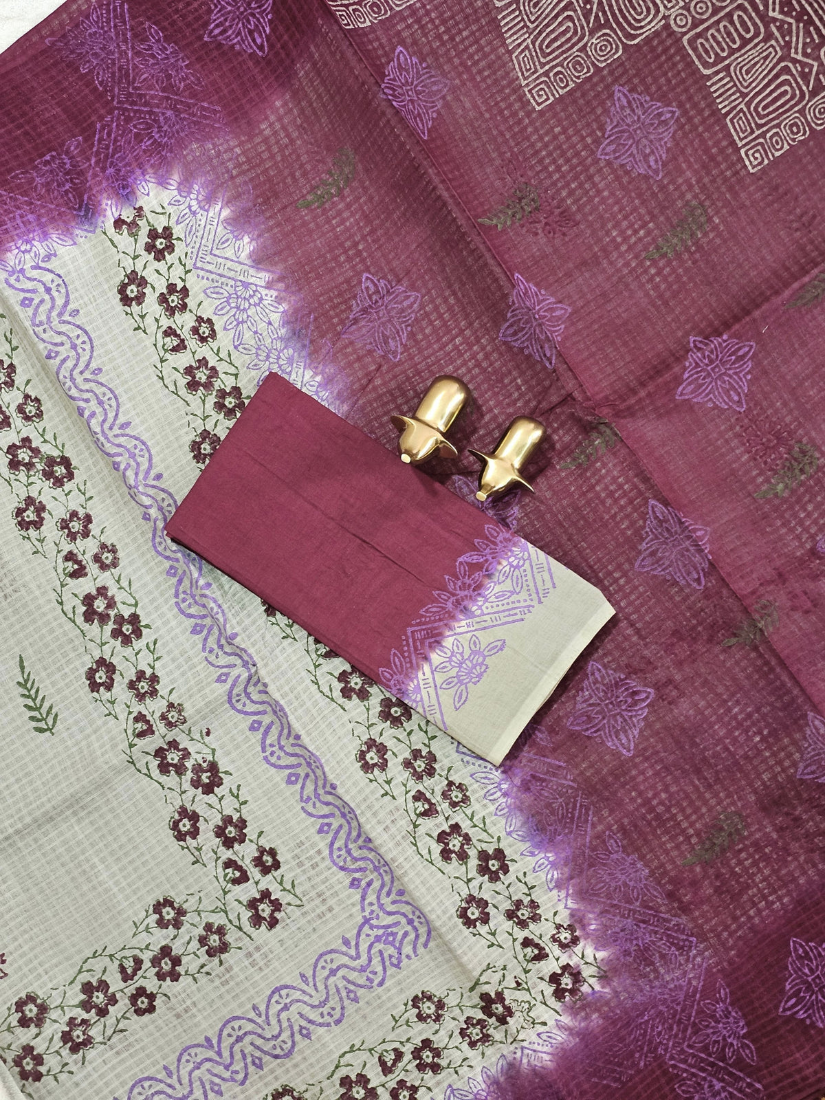 Pure Cotton with Checks Hand Block Prints - Grey with Maroon